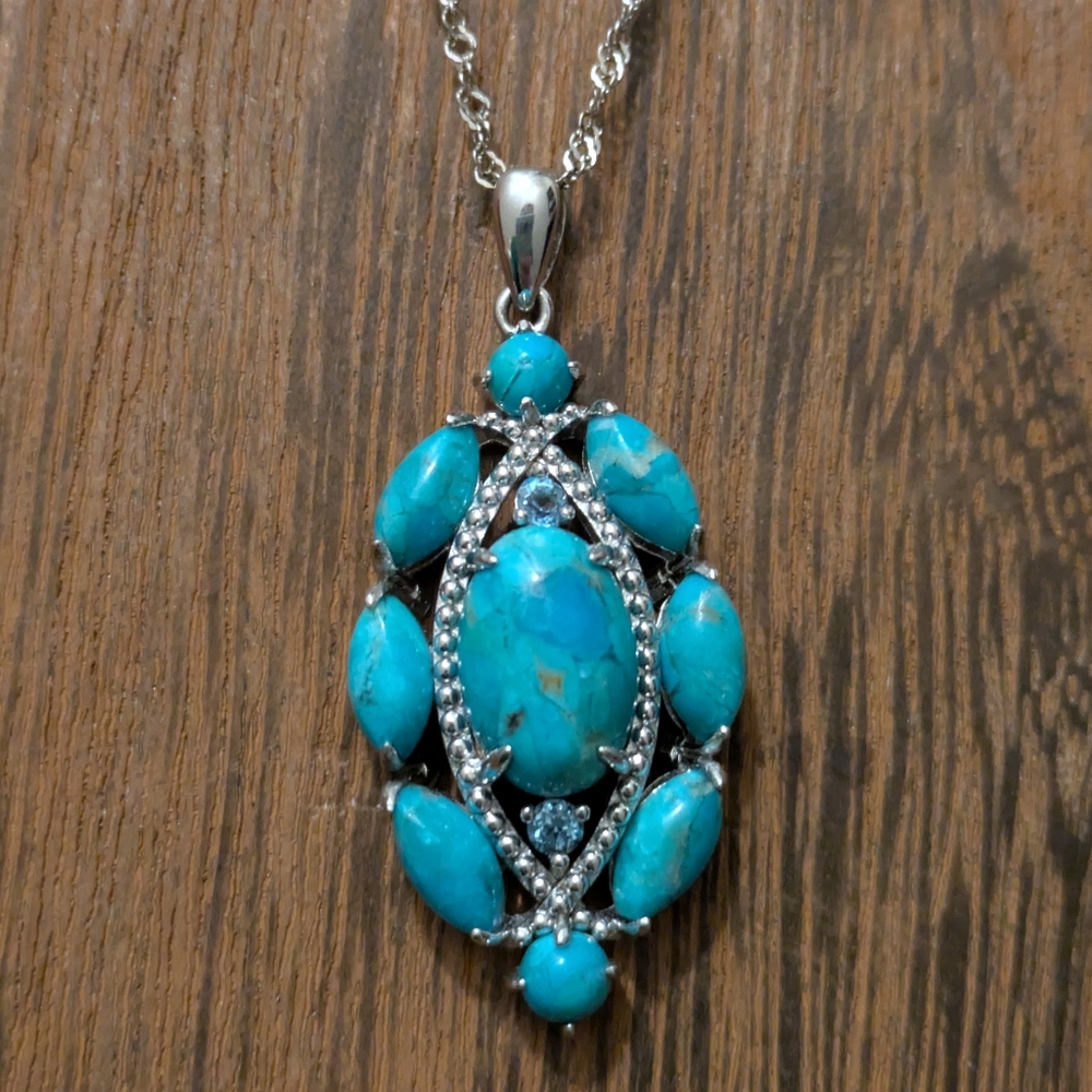 Genuine Turquoise and Sterling Silver Pendant Necklace W/Blue Topaz Accents